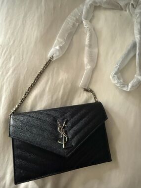 Saint Laurent Black Leather Envelope Crossbody with Gold YSL